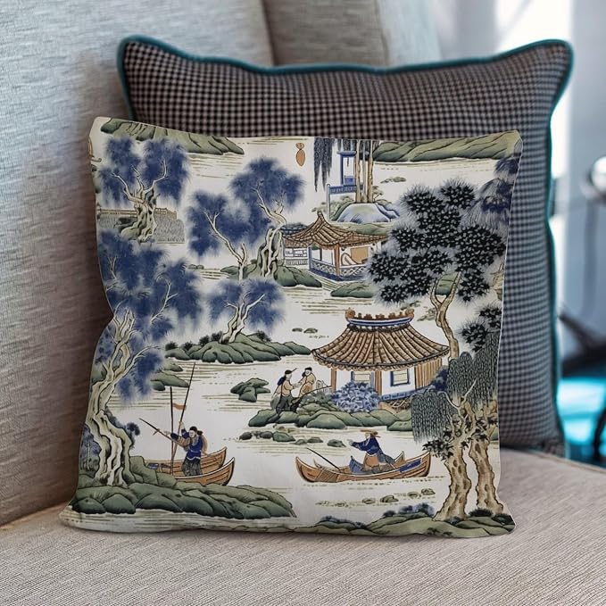 Asian Scenic Cushion Cases Blue and Green Chinoiserie Throw Pillow Cover Modern Throw Pillow Covers Farmhouse Decorative for Patio Furniture Tent Garden 16x16 in