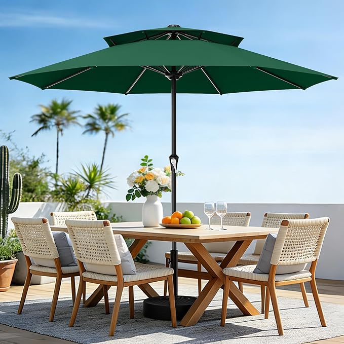 AreShark 11ft 2 Tiers Patio Umbrella - Outdoor Umbrella Waterproof UV Protection, Market Table Umbrella w/ 8 Sturdy Ribs&Crank for Pool, Porch, Garden(Dark Green)