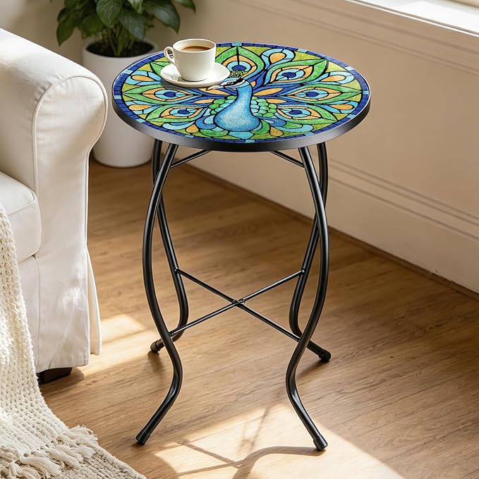 MUMTOP Outdoor Side Table - Small Mosaic Patio Tables, 14” Round Accent End Coffee Glass Plant Stand for Garden Living Room(Peacock)