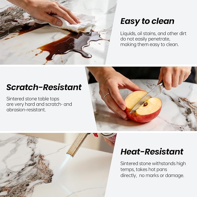 Table Top 35.4″ Round White Marble Sintered Stone - Heat Scratch Stain Resistant for Dining Office Bar Patio, Weatherproof Easy Clean