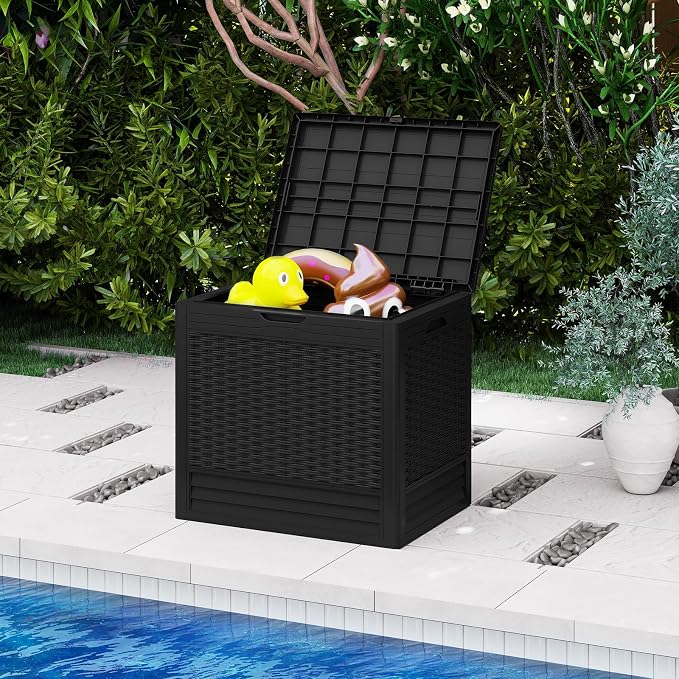 Tangkula 25 Gallon Outdoor Storage Box, Waterproof PP Resin Patio Storage Box with with Lockable Lid for Indoor & Outdoor Use, 2-in-1 Rattan Design Deck Box for Patio Cushions, Garden Tools