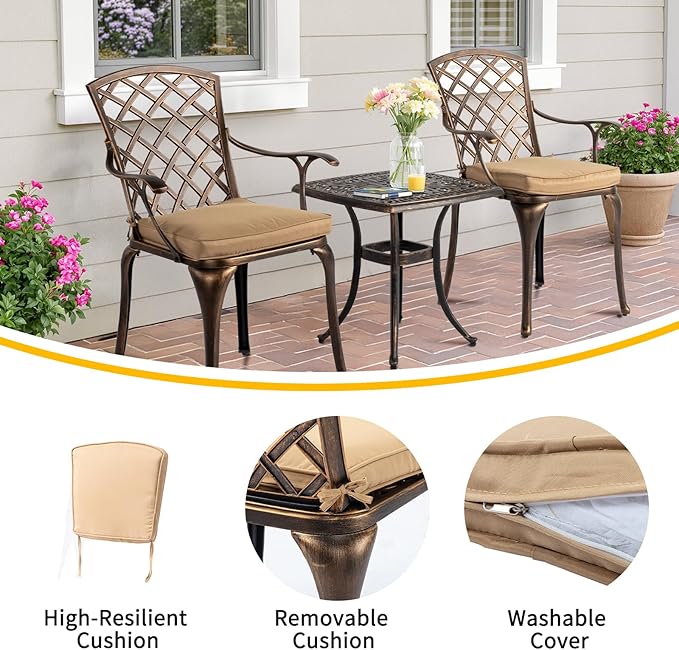 VINGLI 5-Piece Outdoor Patio Dining Set, Cast Aluminum All-Weather Outdoor Table and Chairs w/Cushion, Outdoor Furniture Set w/Umbrella Hole for Backyard Deck Poolside (Round, Grid Back)