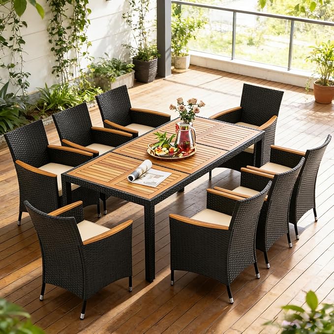 COSTWAY 9-Piece Patio Dining Set for 8, Outdoor Rattan Wicker Table and Chairs Furniture Set with Umbrella Hole, Acacia Wood Tabletop for Backyard, Balcony, Poolside, Black & Beige