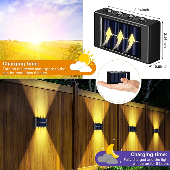 Rossesay 8 Pack Solar Wall Lights for Outside 3000K Warm Solar Fence Lights Up and Down Autumn LED Outdoor Decorative Waterproof Lamps Dusk to Dawn LED Lighting Wall Sconces for Outside Deck Garage