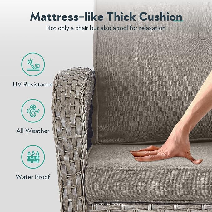 Outdoor Swivel Glider Rocker Chairs Set- 5 Piece Patio Furniture Set, Patio Bistro Sets with Tempered Glass Side Table and 2 Ottoman, for Balcony, Porch - Grey Wicker Grey Cushion