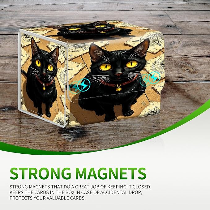 Card Deck Box for MTG, Cards Storage Box Fits 120+ Sleeved, Leather Small Size Strong Magnetic Closing Card Case for Board Games Magic TCG CCG Baseball Collection, Yellow Eyed Cat