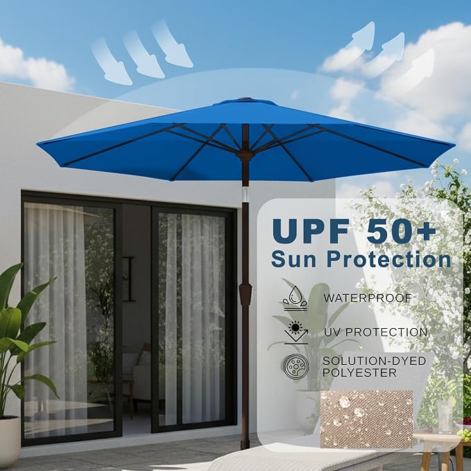 9ft Patio Umbrella with Push Button Tilt and Crank,Outdoor Market Table Umbrella UV Protection 8 Sturdy Ribs for Backyard,Garden,Pool,Deck(Royal Blue)