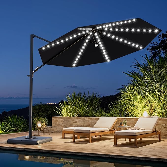 Greesum 10FT Outdoor Patio Umbrella with High Pedel and 4 Gear Heights, Large Offset Umbrella with Solar LED Lights and 360-degree Rotation, Without Base, Hanging Outdoor Shade for Garden, Black