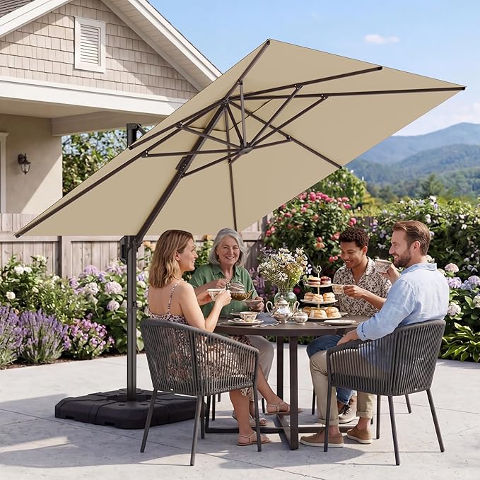 GENTEACO 10X10 FT Cantilever Umbrella, Large Offset Patio Umbrella 6 Angle Tilts & 360° Rotation, Large Square Sun Umbrellas for Outdoor Patio Pool Deck Market, Beige