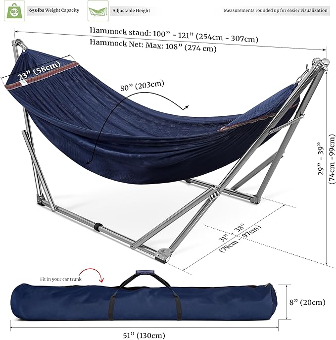 Tranquillo Double Hammock with Stand 650lb Capacity Double Hammock with Spreader Bar, Solid Grade 201 Stainless Steel 30s Set Up, Sturdy Flexible Hammock Stand Portable, Outdoor Indoor, Aegean