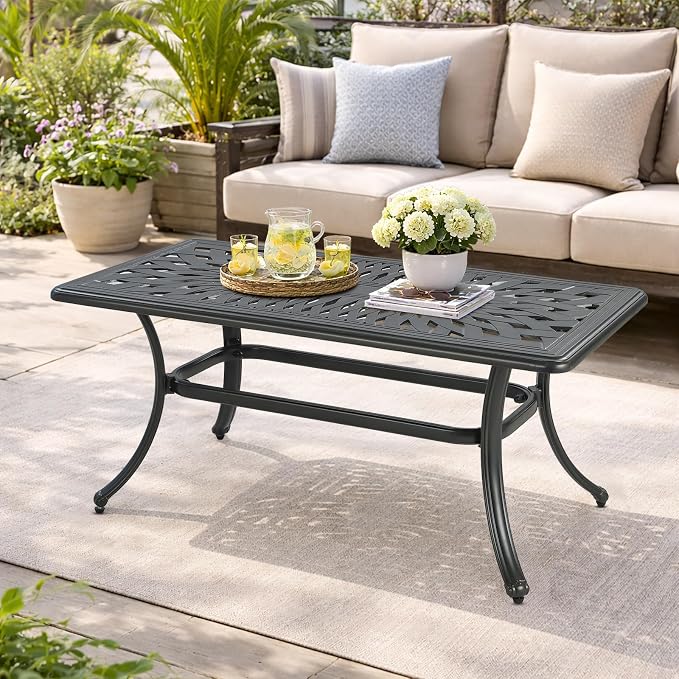 VIVIJASON Cast Aluminum Outdoor Coffee Table, 42 x 21 Inch Rectangular Patio Conversation Table with Lattice Top, Rust-Resistant All-Weather Center Table for Deck, Backyard, Porch, Antique Bronze