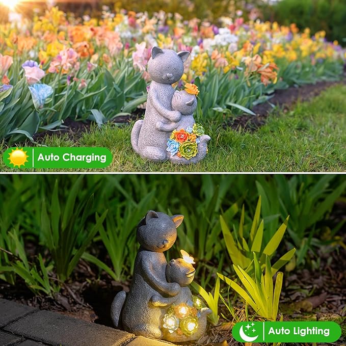 Candieslife Solar Garden Statues Loving Cat Figurine Lights for Outside, Yard Decorations Outdoor, Garden Decor Unique Mothers Day Birthday Housewarming Gifts for Mom, Women, Lover