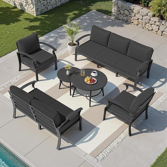 Kullavik Aluminum Patio Furniture Set with 2 Round Coffee Tables,7-seat Metal Outdoor Sectional Furniture w/5.1" Cushions,Patio Conversation Sets for Garden,Backyard,Porch-Black