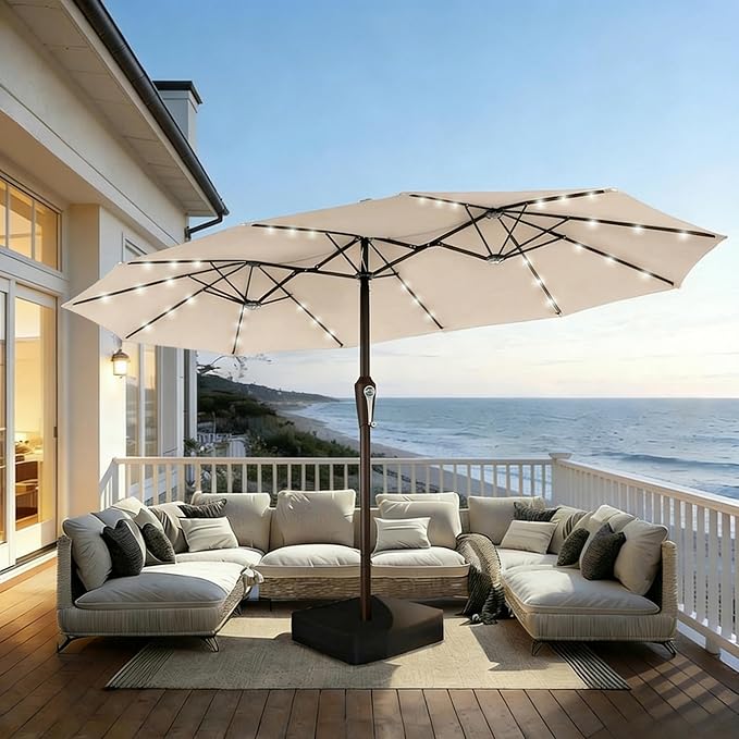 15FT Patio Umbrella with Solar Lights, Double-Sided Extra Large Outdoor Table Umbrella with Base Included, Heavy-Duty 12 Iron Ribs Market Umbrella for Garden, Pool, Backyard, Beige