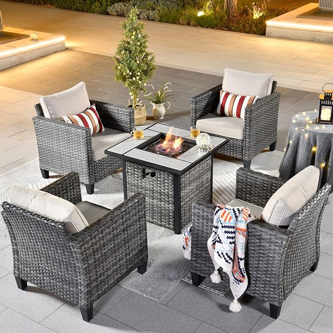 ovios 5 Pieces Patio Furniture Set, Outdoor Wicker Rattan Chairs of 4 with 30" Fire Pit Table, High Back Chair Conversation Sets for Porch Deck Garden, Beige