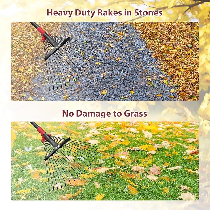 61Inch Adjustable Metal Leaf Rake, 18 Metal Tines Heavy Duty Leaves Rake for Lawns with 8-18" Expandable Head Long Handle Garden Rakes for Women Kids Leaves Yard Gardening Grass Outdoor Camping Debris