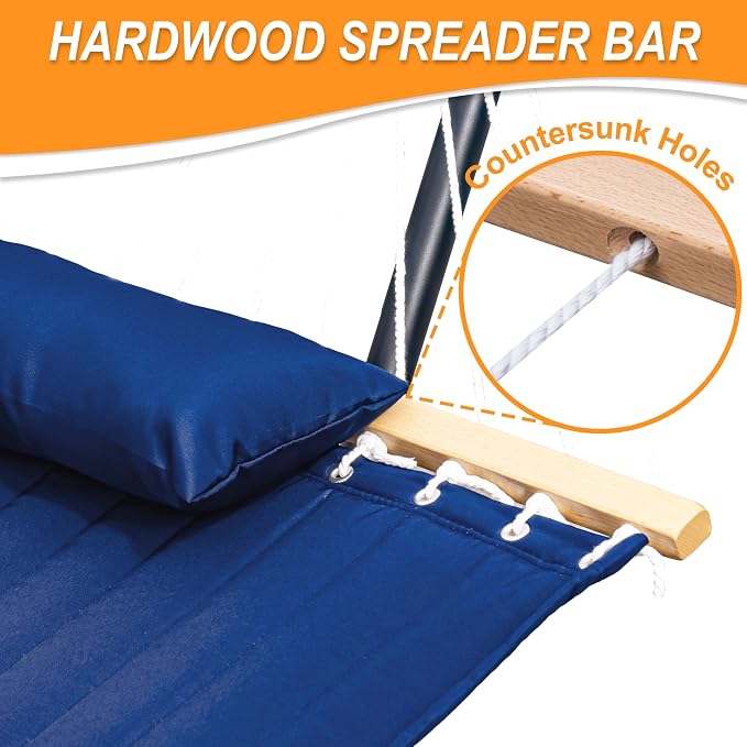 Lazy Daze Quilted Fabric Hammock with 12-Foot Stand, Double 2-Person Hammock with Pillow for Outdoor Outside Patio, Garden, Backyard, 450LB Capacity, Navy Blue