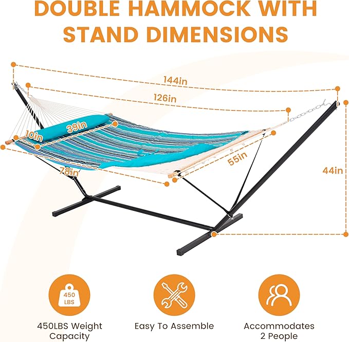 Lazy Daze Hammocks 2 Person Portable Hammock with 12FT Stand, Double Hand Woven Cotton Rope Hammock with Detachable Quilted Pad & Pillow for Outside, 450lb Capacity, Blue Stripes
