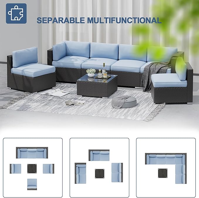 SUNCROWN 7-Piece Outdoor Patio Furniture Sofa Set All-Weather Wicker Sectional Conversation Set with Modern Glass Coffee Table and Cushions（Light Blue）