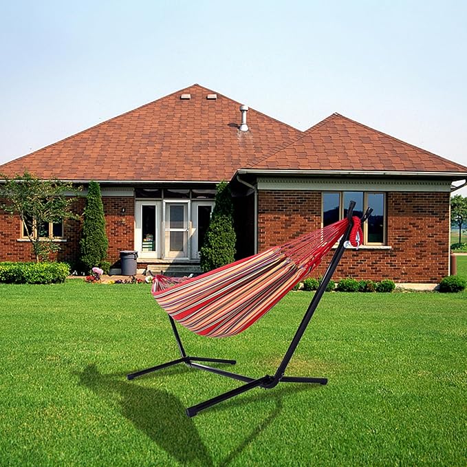 Hammock with Stand for Outside, 250lbs Portable Hammock, Heavy Duty Metal Frame, Breathable & Comfortable, Outdoor Gear, Easy to Setup, Hammocks for Camping, Hiking, Travel, Backpacking, Red Stripes