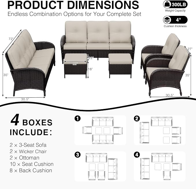 Joyside Wicker Patio Furniture Set, 6 Piece Outdoor Furniture Set with Thickened Cushions, High Back, Deep Seating, Wide Armrest, Rattan Outdoor Chairs for Porch, Deck