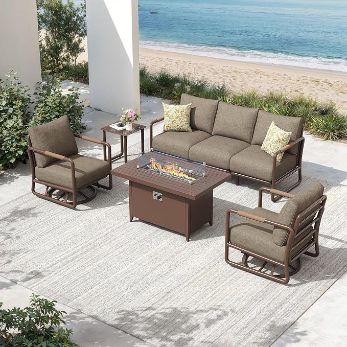 5-Seat Aluminum Patio Conversation Sofa Set with 2 Swivel Rocking Chairs & Oversized Fire Pit Table (Glass Wind Guard), All-Weather for Balcony, Garden, Brown