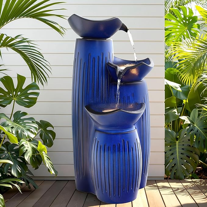 Modern Ceramic Outdoor Water Fountain with LED Lights, 30" 3-Tier Geometric Pedestal Water Feature with Fluted Texture, Relaxing Cascading Waterfalls for Garden Lawn Patio Yard Art Decor