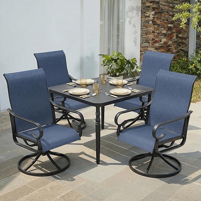 NUU GARDEN Outdoor Dining Set with Umbrella Hole, 5-Piece Patio Furniture Set with Slatted Table and 4 Breathable Textilene Swivel Chairs, All-Weather Patio Dining Set, Blue