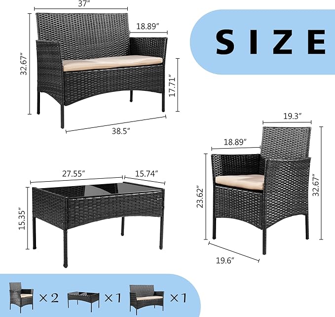 JAMFLY 4-Piece Outdoor Patio Furniture Set, PE Wicker Conversation Kit with Tempered Glass Table, All-Weather Seating for Small Porch, Balcony & Poolside, Washable Cushions, Black