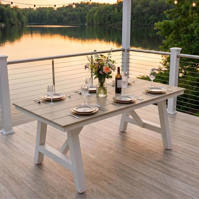 Costaelm Outdoor Dining Tables for Patio, 72" Rectangle 6-Person HDPE Dining Table with Umbrella Hole and Metal Frame for Outside, Garden, Poolside, Backyard, Porch, Balcony, Sand