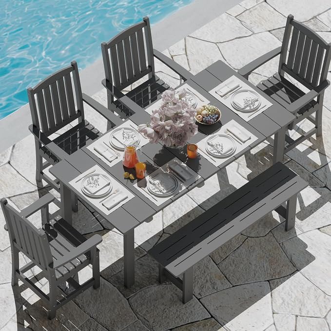 ROCSUMOO 6-Piece Outdoor Dining Table Sets, Patio HDPE Dining Table and Chair Set with Umbrella Hole, All Weather Outdoor Dining Furniture Set (Grey, 1 Table + 4 Chairs + 1 Bench)