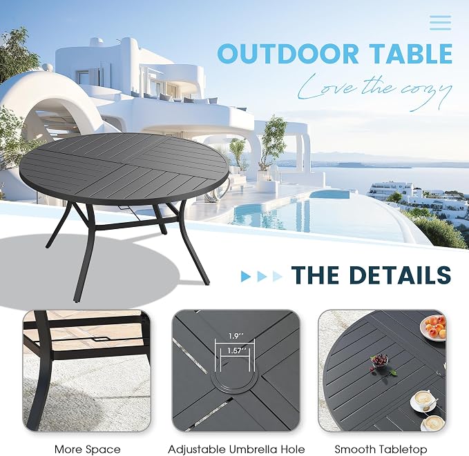 7 Pieces Patio Furniture Dining Set, 6 Textilene Swivel Dining Chairs, 53" Outdoor Round Metal Table with 1.57" Umbrella Hole, Outdoor Dining Set for Porch, Lawn, Garden, Black/Black