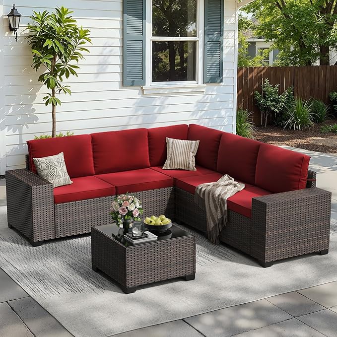 Soohow 6-Piece Patio Furniture Set All-Weather Outdoor Wicker Sectional Conversation Set with Cushion and Glass Table for Garden, Porch, Backyard, Wine Cushions