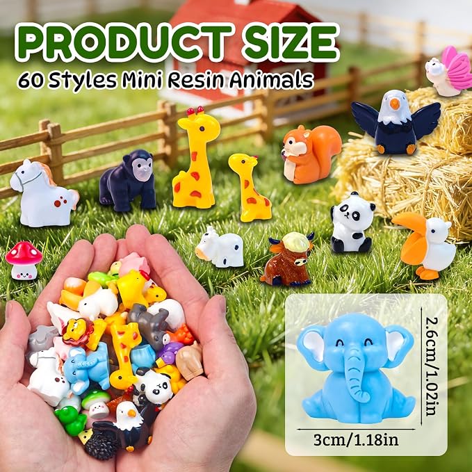 60 Pcs Mini Resin Animals Figures 60 Styles Tiny Little Animal Miniature Figurines for Crafts Fairy Garden Accessories Micro Landscape Decoration