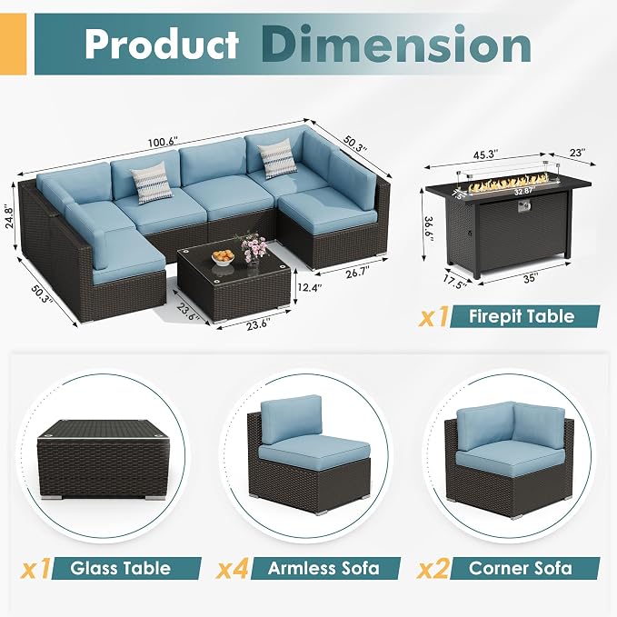 Betterland 7 Piece Outdoor Sectional Sofa Patio Furniture Set, All-Weather PE Rattan Wicker Patio Conversation Set with Washable Cushion, Glass Table and Waterproof Cover(Haze Blue)