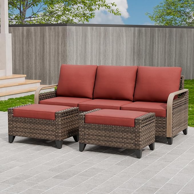 Modern Wicker Patio Furniture Set, Rattan Outdoor Conversation Set with Comfortable Cushions, 3 Seat Couch and 2 Ottomans, 3 Pieces, Brown/Red