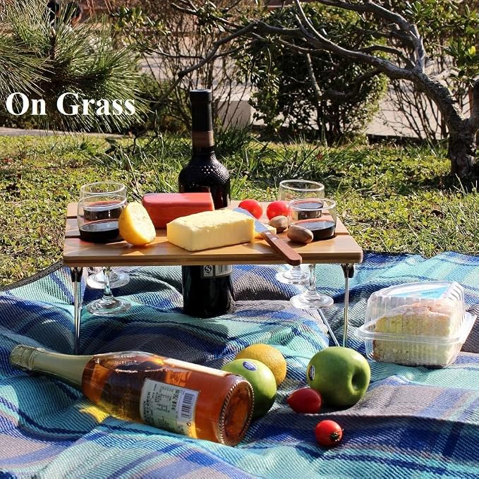 Portable Bamboo Picnic Wine Table for 4 - Folding Snack Tray with Bottle and Glass Holders - Low Camping and Beach Table for Outdoor Cheese and Charcuterie