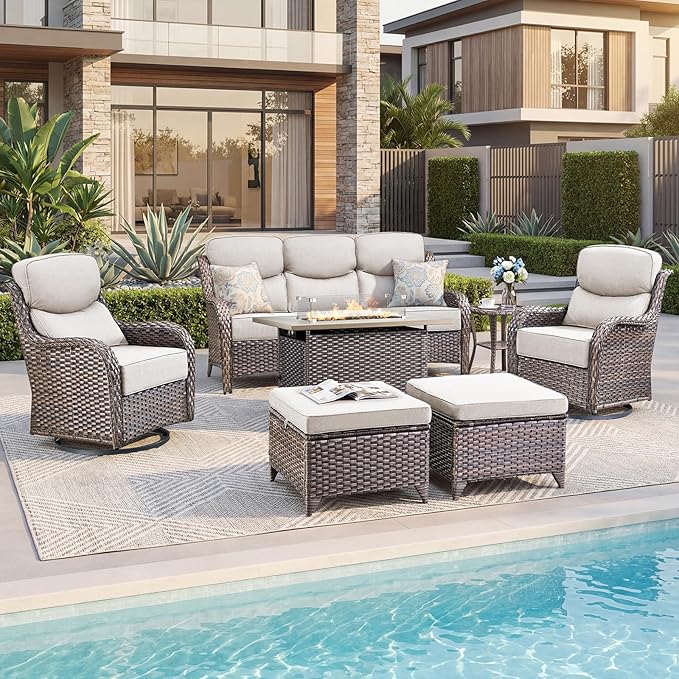 Luxury Patio Furniture Set with 6-inch Thick Cushion, Outdoor Furniture with Fire Pit Table, Swivel Chairs, Sofa, Side Table, Ottomans, 7pcs Wicker Conversation Set(Brown Wicker/Beige Cushion)