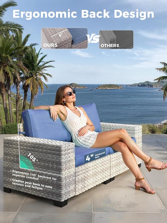 6 Piece Outdoor Sectional Sofa Set, 5-Seats Patio Wicker Conversation Set with 4" Thickened Cushions & Coffee Table, All-Weather PE Rattan for Garden, Backyard, Porch, Blue