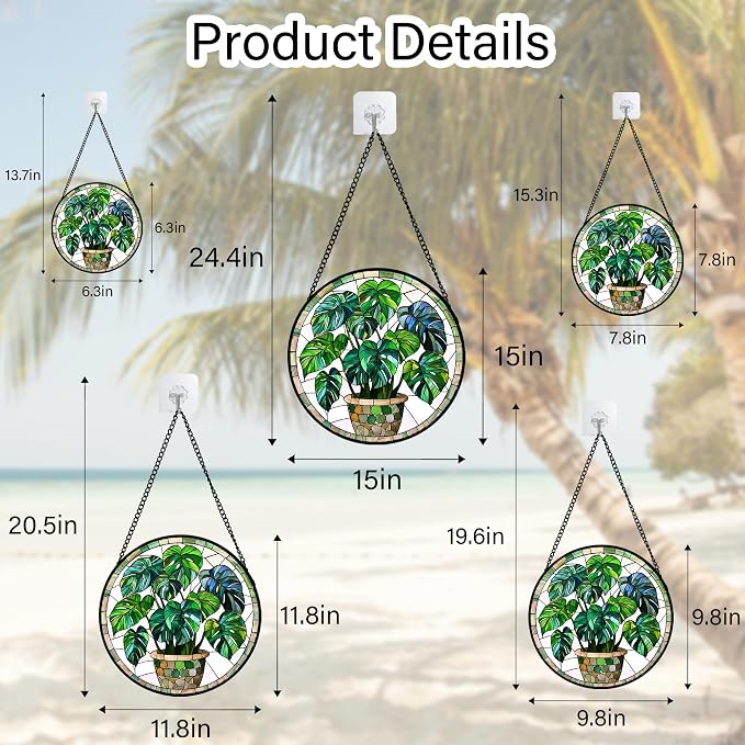 DASTOLL Stained Glass Window Hanging, Green Plant Monstera t Suncatcher Diamond Colorful Glass Panel Sun Catchers Decor for Birthday for Women, Men, Wife, Aunt, and Mom 6.3 in