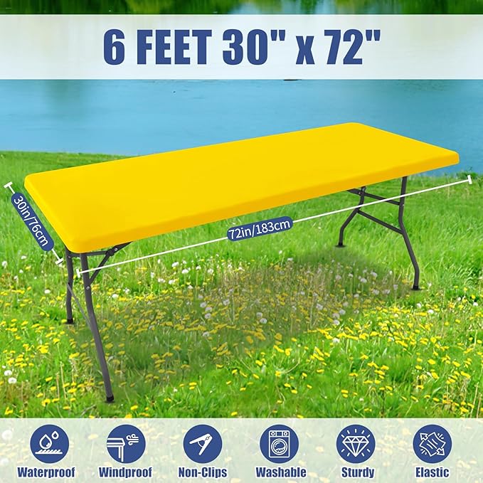 Moosfor Spandex 6 Foot Rectangle Table Cloth 2 Pack, Elastic Fitted Tablecloths for Picnic, Stretch Washable Patio Table Cover for Outdoor, Camping, Banquet and Parties (Yellow, 30"x72")