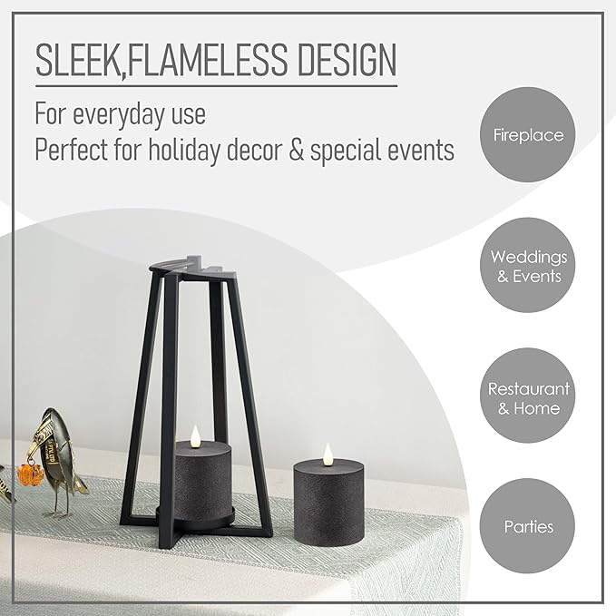 smtyle 3"x3" Black Flameless Flickering Candles with Remote Timer - Battery Operated Plastic Texture Pillar LED Candles Set of 2 for Gothic Home Decorations