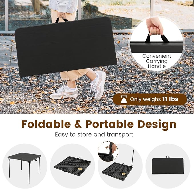 Tangkula 34" Folding Table, Portable Picnic Table with All-Weather HDPE Tabletop, Heavy-Duty Metal Frame, Carry Handle, Fold-in-Half Plastic Outdoor Table for Camping, Dining, BBQ, No Assembly Needed