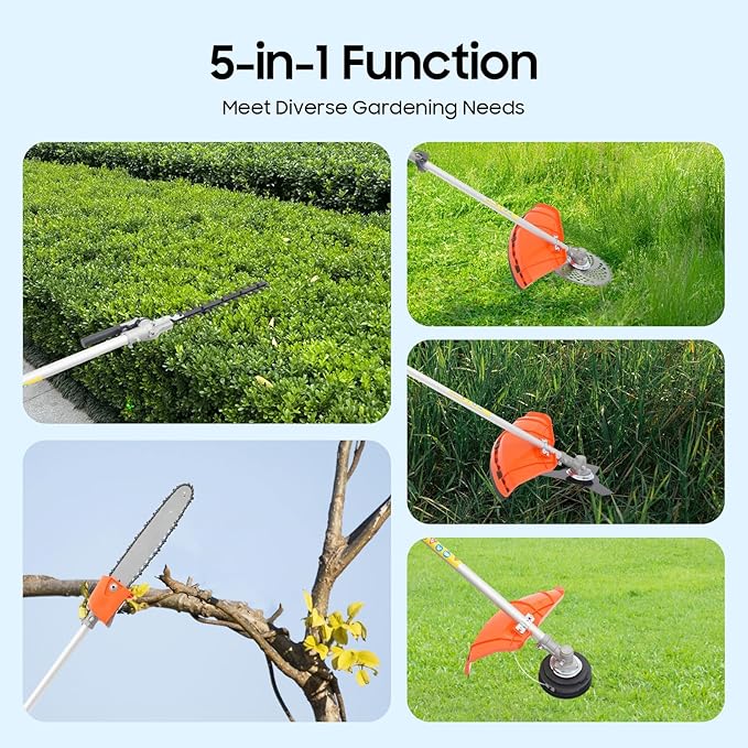 52CC 5 in 1 Gas Trimmer, 2.3HP 2-Stroke Cycle Brush Cutter Hedge Trimmer Chainsaw Pruner w/Extension Pole, 270° Rotating Head, Multi-Functional Gasoline Powered Grass Trimmer for Garden, Yard, Farm