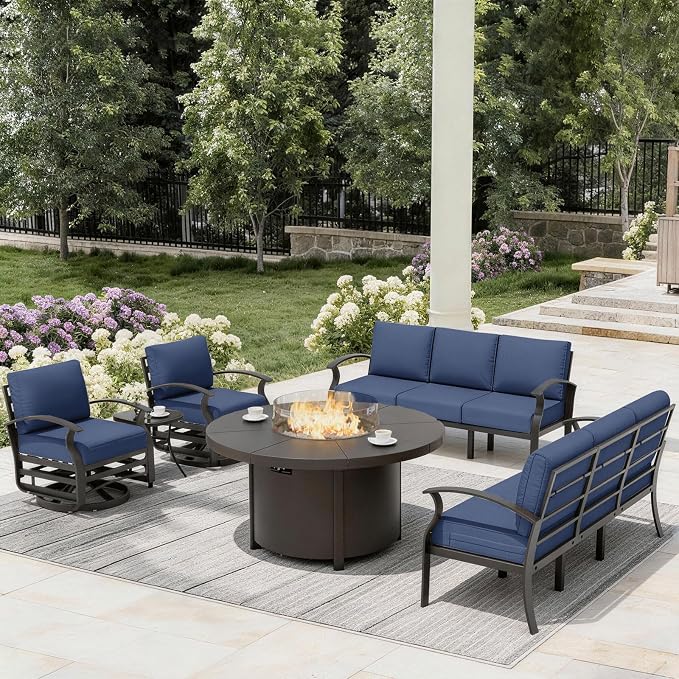 ALAULM Aluminum Patio Furniture Set with Coffee Table Rectangular, 5-seat Outdoor Sectional Furniture w/2 Swivel Chairs, Patio Conversation Set for Porch, Backyard, Poolside-Grey