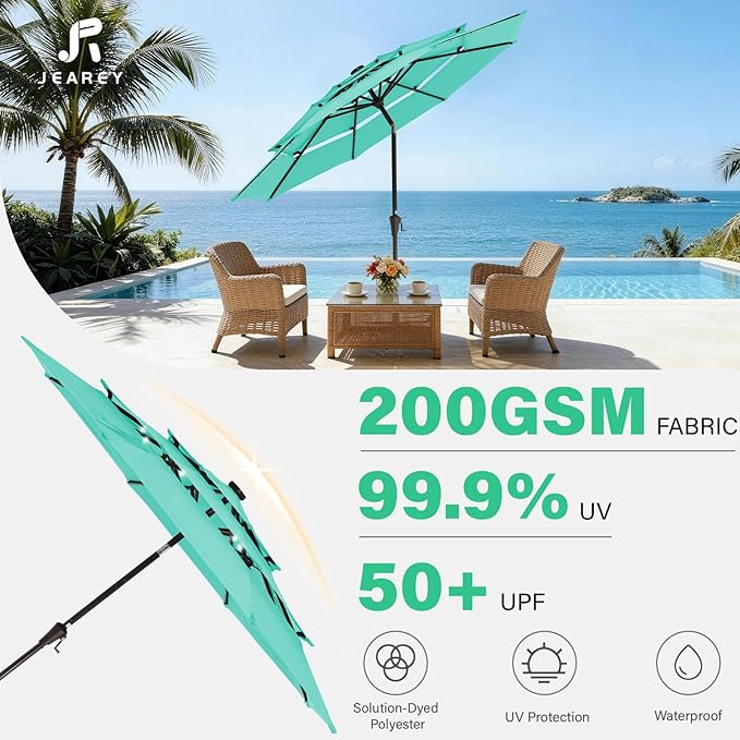 JEAREY 3 Tiers Patio Umbrella with Solar Lights 9ft Outdoor Market Table Umbrellas with Push Button Tilt for Outside Pool Garden, Peacock Blue