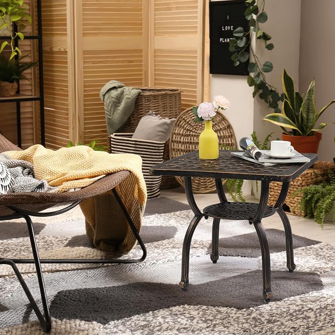 VINGLI 22" Cast Aluminum Outdoor Side Table, All Weather Patio Side Table Outdoor End Table for Patio, Porch, Deck, Garden (Square)