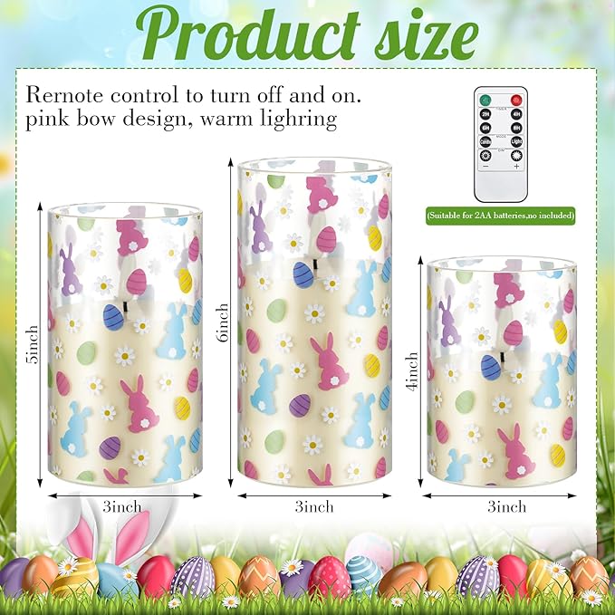 Tujoe 3 Pcs Easter Flameless Candles LED Battery Pillar Candles Set Battery Operated Flickering Gifts with Remote Easter Decorations for Holiday