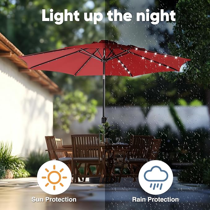 DUMOS LED Outdoor Patio Umbrella 10 FT UV-Resistant Market Umbrella with Tilt Adjustment & Crank Lift, All-Weather Shade for Backyard, Deck, Garden, Beach