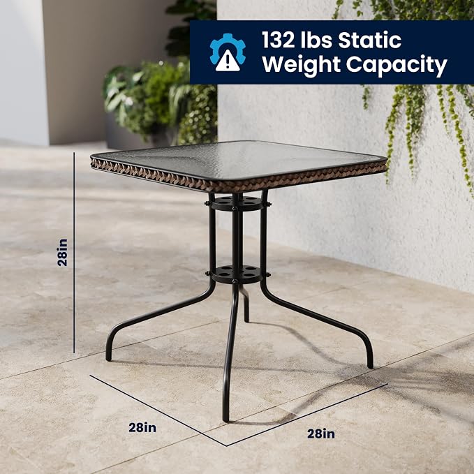 Flash Furniture Lila 3-Piece 28" Square Indoor/Outdoor Patio Table and Chairs Set, Glass Metal Bistro Table and 2 Stacking Rattan Chairs, Brown | Tempered Glass, Dark Brown Rattan Edging, 2 Rattan Stack Chairs